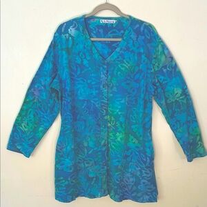 SU PLACER Women's V-neck Tunic XL Blue and Green Batik